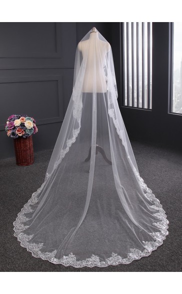 One-tier Lace Applique Edge Cathedral Bridal Veils With Lace