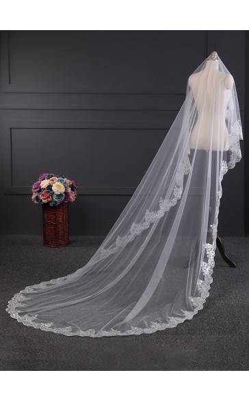 One-tier Lace Applique Edge Cathedral Bridal Veils With Lace