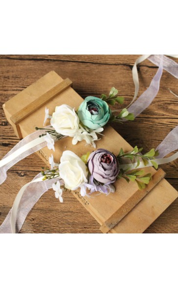 Girly Free-Form Silk Flower Wrist Corsage/Boutonniere/Wedding Bouquet sets - Wrist Corsage/Boutonniere