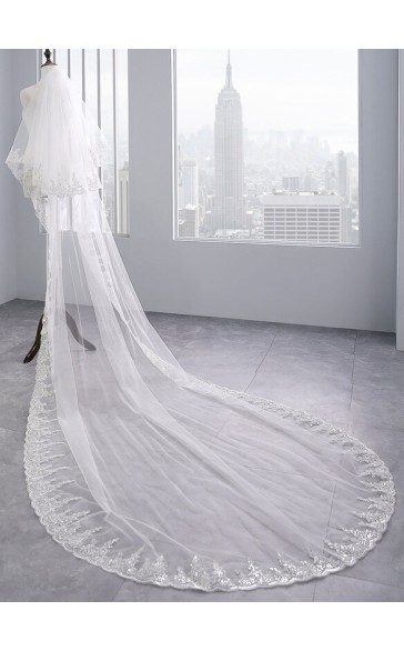 Two-tier Lace Applique Edge Chapel Bridal Veils With Lace