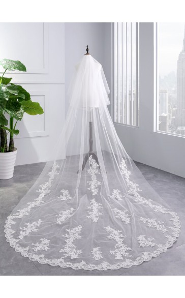 Two-tier Lace Applique Edge Cathedral Bridal Veils With Lace