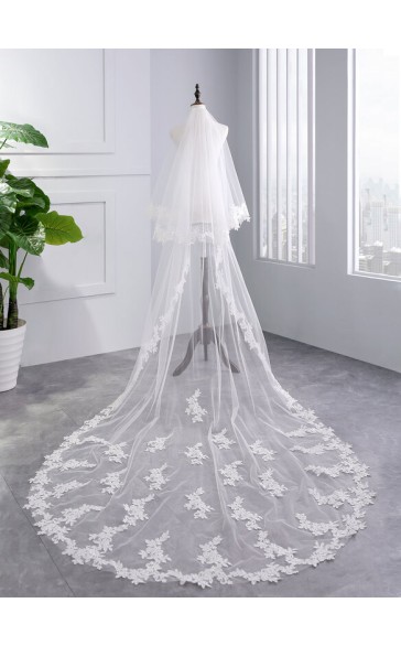 Two-tier Lace Applique Edge Chapel Bridal Veils With Lace