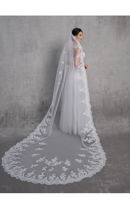 One-tier Lace Applique Edge Cathedral Bridal Veils With Lace