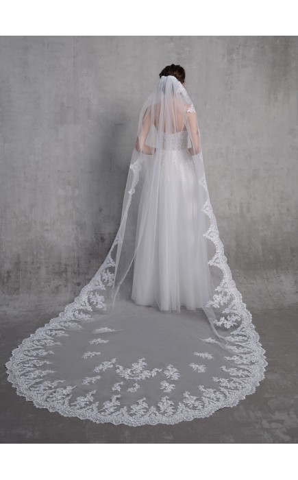 One-tier Lace Applique Edge Cathedral Bridal Veils With Lace