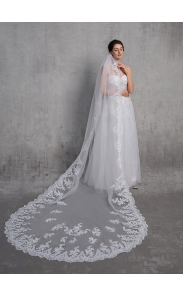 One-tier Lace Applique Edge Cathedral Bridal Veils With Lace