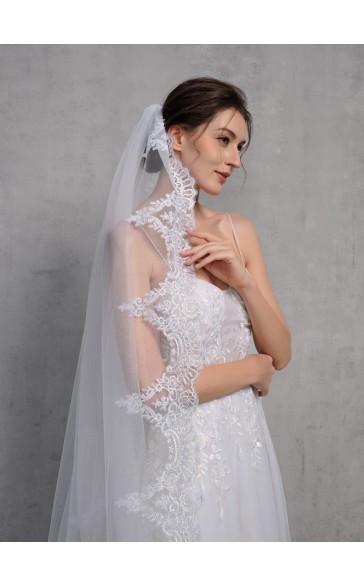 One-tier Lace Applique Edge Cathedral Bridal Veils With Lace