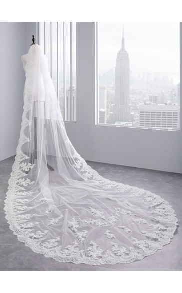 One-tier Lace Applique Edge Cathedral Bridal Veils With Lace