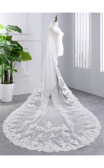 One-tier Lace Applique Edge Cathedral Bridal Veils With Lace