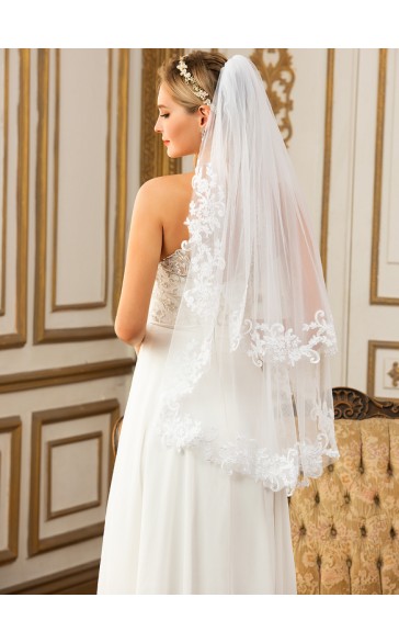 Two-tier Lace Applique Edge Elbow Bridal Veils With Lace