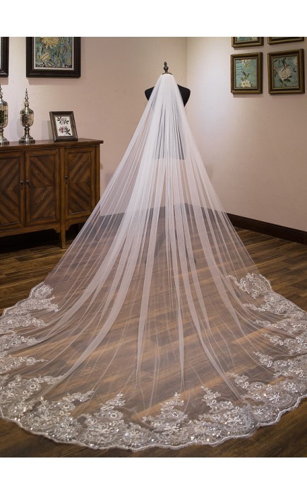 One-tier Lace Applique Edge Cathedral Bridal Veils With Lace