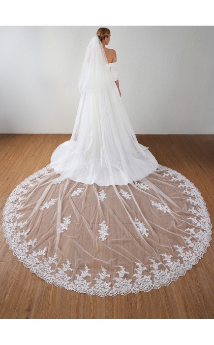 Two-tier Lace Applique Edge Cathedral Bridal Veils With Lace