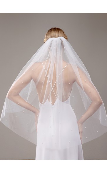 One-tier Cut Edge Elbow Bridal Veils With Faux Pearl