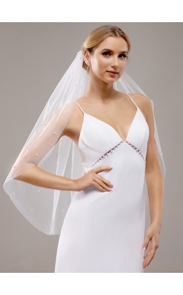 One-tier Cut Edge Elbow Bridal Veils With Faux Pearl