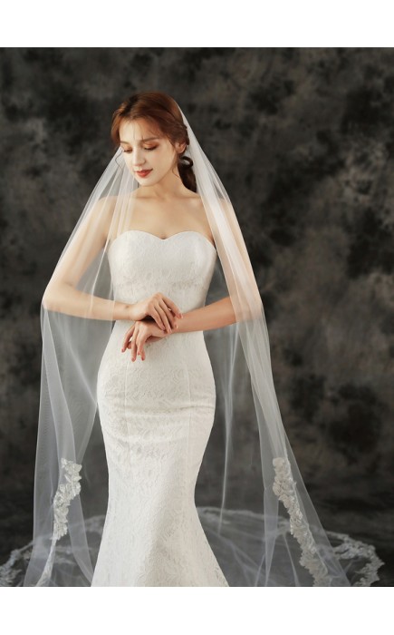 One-tier Lace Applique Edge Chapel Bridal Veils With Lace