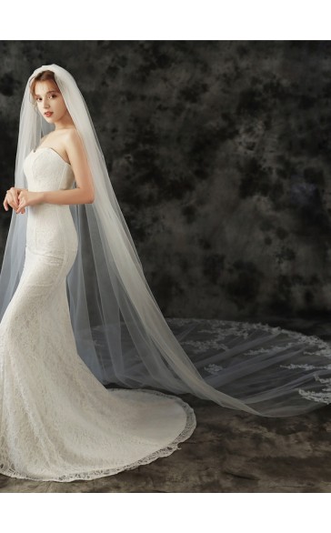 One-tier Lace Applique Edge Cathedral Bridal Veils With Lace