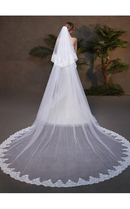 Two-tier Lace Applique Edge Cathedral Bridal Veils With Lace