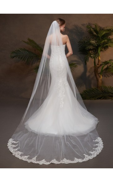 One-tier Lace Applique Edge Cathedral Bridal Veils With Lace