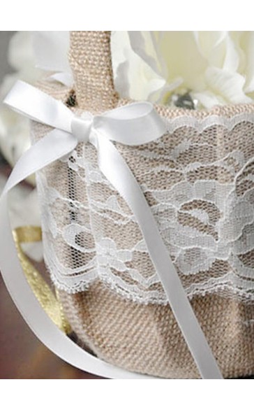 Flower Girl Linen/Lace Flower Basket With Bow/Ribbon