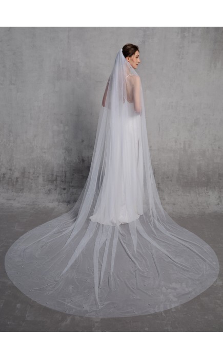 One-tier Cut Edge Cathedral Bridal Veils With Faux Pearl