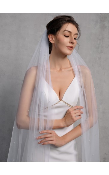 One-tier Cut Edge Cathedral Bridal Veils With Faux Pearl