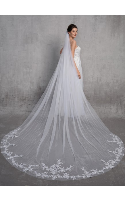 One-tier Lace Applique Edge Cathedral Bridal Veils With Lace