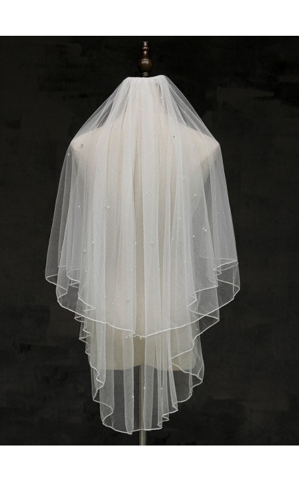 Two-tier Pencil Edge Fingertip Bridal Veils With Faux Pearl