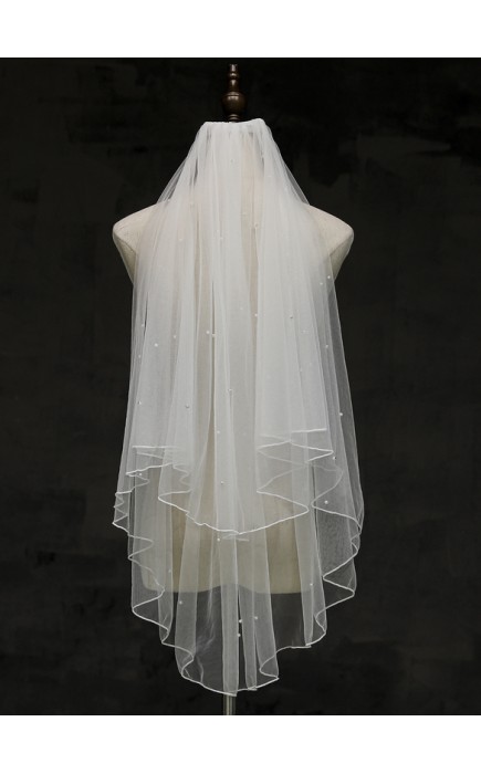 Two-tier Pencil Edge Fingertip Bridal Veils With Faux Pearl