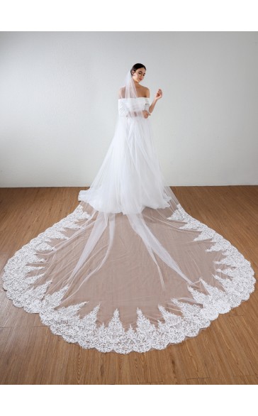 One-tier Lace Applique Edge Cathedral Bridal Veils With Lace