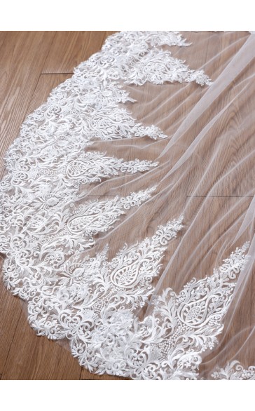 One-tier Lace Applique Edge Cathedral Bridal Veils With Lace