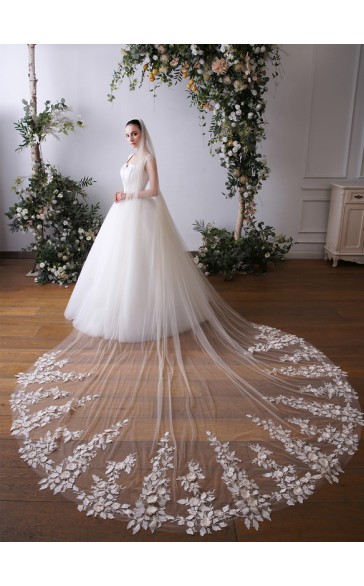 One-tier Lace Applique Edge Cathedral Bridal Veils With Lace