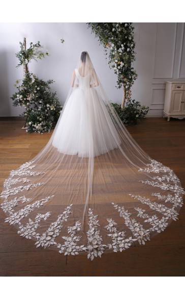 One-tier Lace Applique Edge Cathedral Bridal Veils With Lace