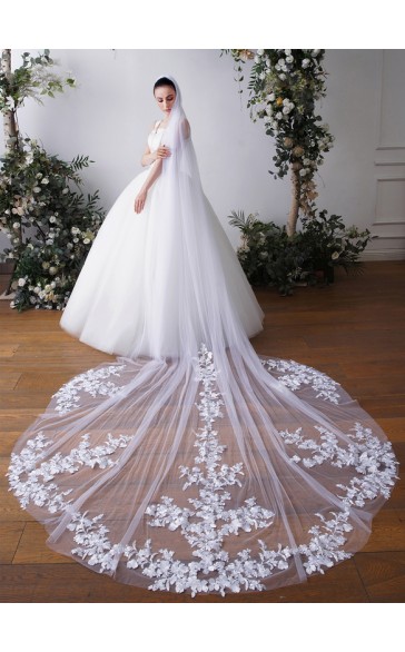 One-tier Cut Edge Cathedral Bridal Veils With Lace