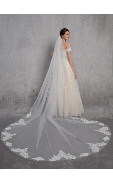 One-tier Lace Applique Edge Cathedral Bridal Veils With Lace