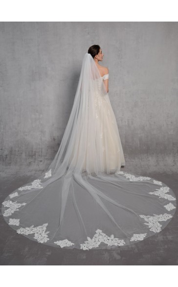 One-tier Lace Applique Edge Cathedral Bridal Veils With Lace