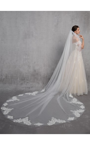 One-tier Lace Applique Edge Cathedral Bridal Veils With Lace