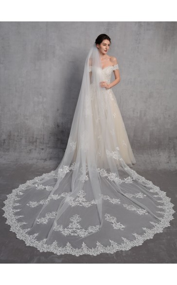 One-tier Lace Applique Edge Cathedral Bridal Veils With Lace