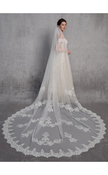 One-tier Lace Applique Edge Cathedral Bridal Veils With Lace