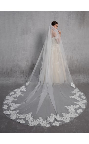 One-tier Lace Applique Edge Cathedral Bridal Veils With Lace