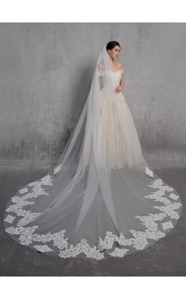 One-tier Lace Applique Edge Cathedral Bridal Veils With Lace