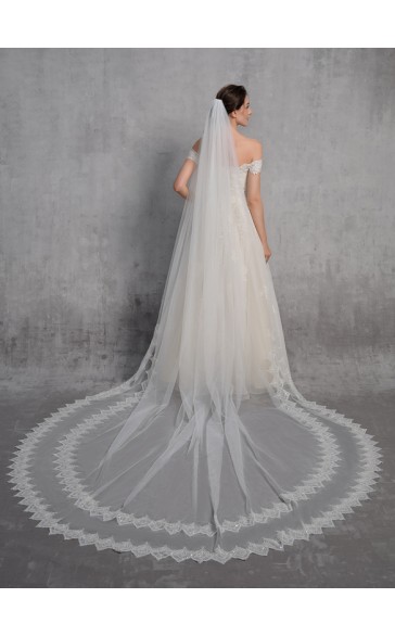 One-tier Lace Applique Edge Cathedral Bridal Veils With Lace