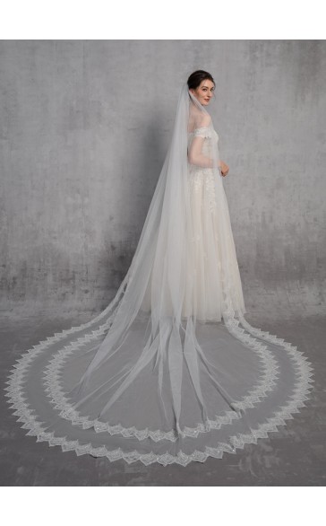 One-tier Lace Applique Edge Cathedral Bridal Veils With Lace