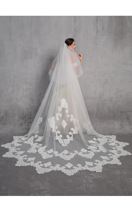 Two-tier Lace Applique Edge Cathedral Bridal Veils With Lace