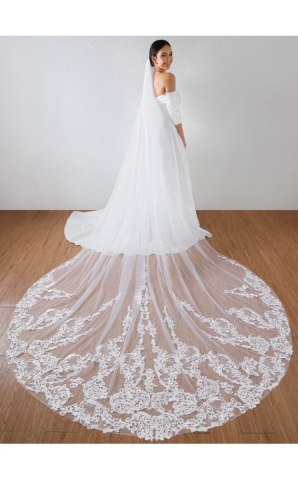 One-tier Lace Applique Edge Cathedral Bridal Veils With Sequin/Lace