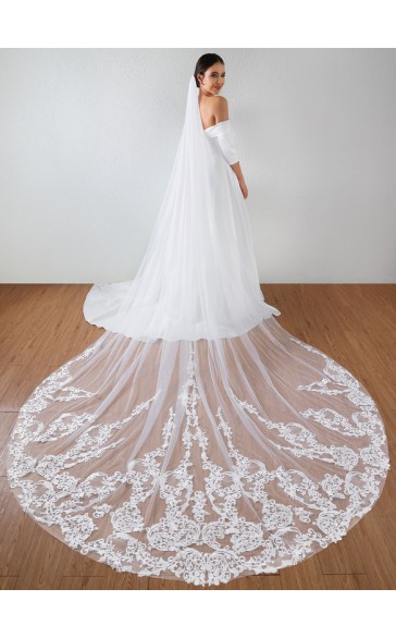 One-tier Lace Applique Edge Cathedral Bridal Veils With Sequin/Lace