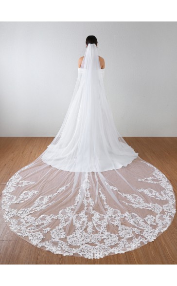 One-tier Lace Applique Edge Cathedral Bridal Veils With Sequin/Lace