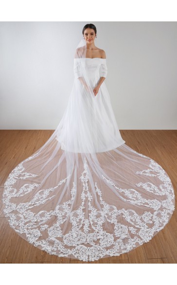 One-tier Lace Applique Edge Cathedral Bridal Veils With Sequin/Lace