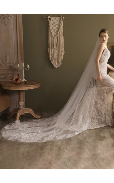 One-tier Cut Edge Cathedral Bridal Veils With Lace