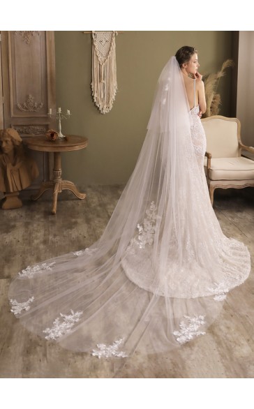 Two-tier Lace Applique Edge Cathedral Bridal Veils With Lace