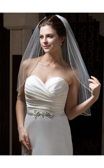 One-tier Pearl Trim Edge Elbow Bridal Veils With Beading/Sequin