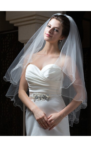 Two-tier Pencil Edge Fingertip Bridal Veils With Rhinestones